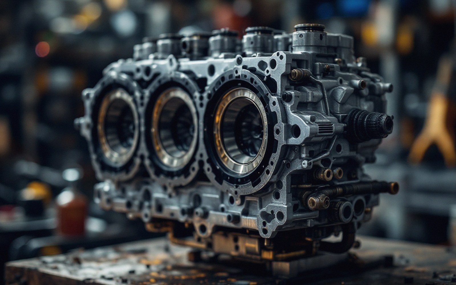 A flat-twin cylinder head photographed square from the side, engine cold, garage light