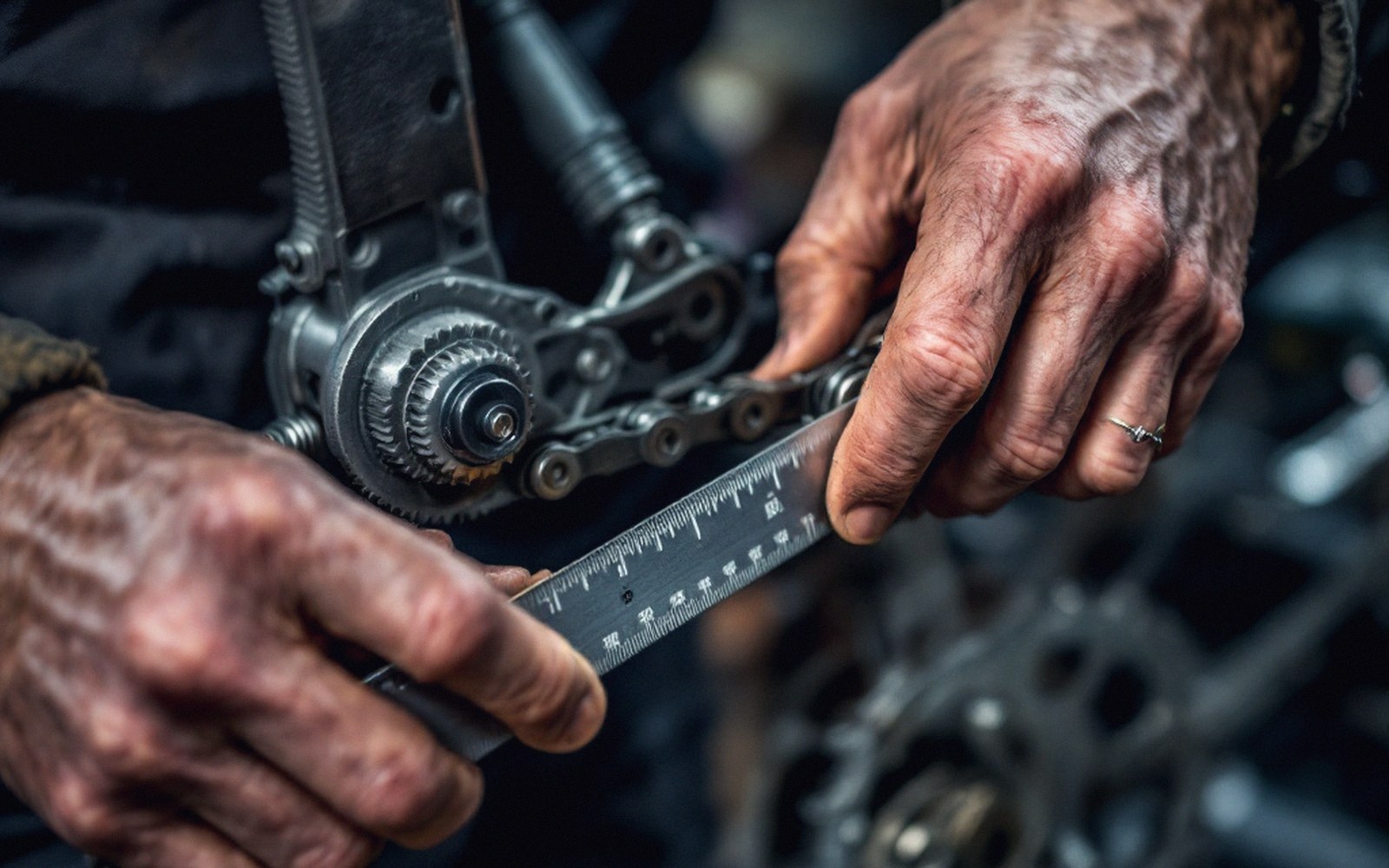 An adult mechanic's hands setting chain tension with a ruler against the swingarm