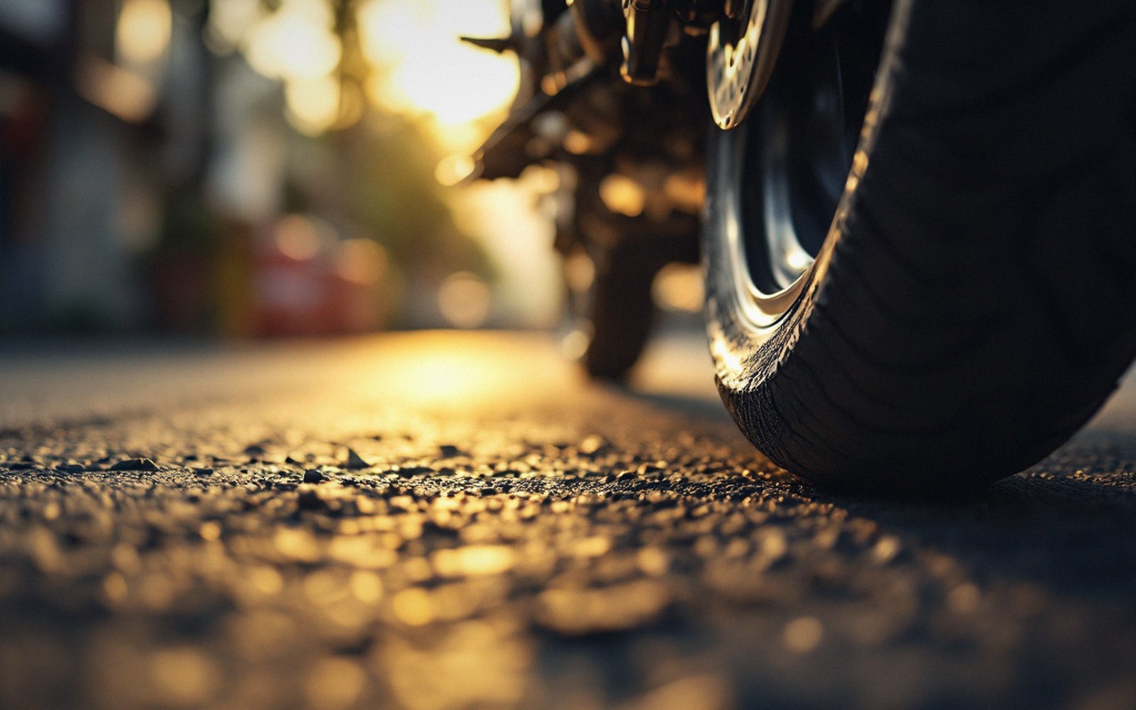 Close-up of a motorcycle tyre on textured asphalt at low angle, backlit by sunset