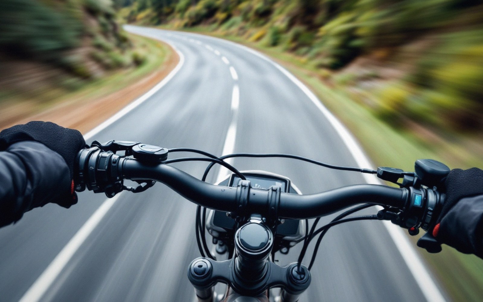 Gloved hands grip bicycle handlebars while riding fast down a curving road