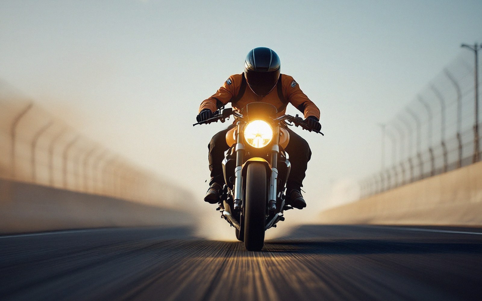 Motorcyclist in orange riding jacket rides toward camera on empty track with headlight glowing
