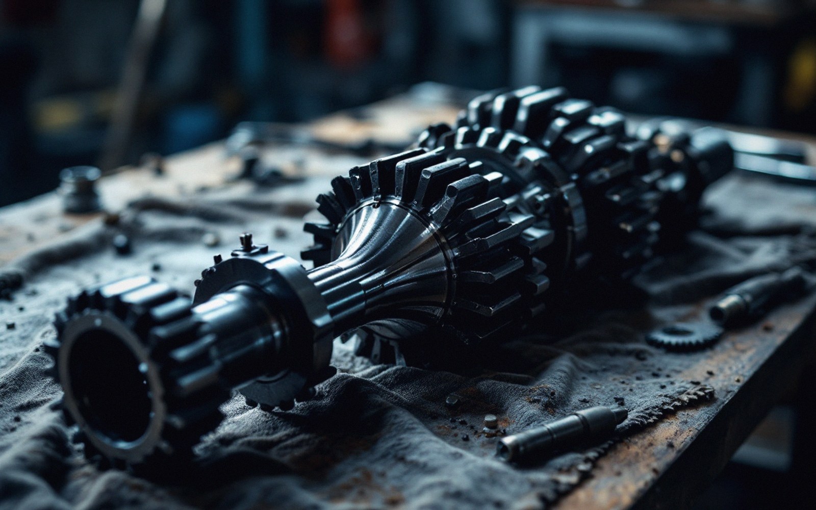 A disassembled gearbox shaft with multiple gears rests on a cloth in a workshop