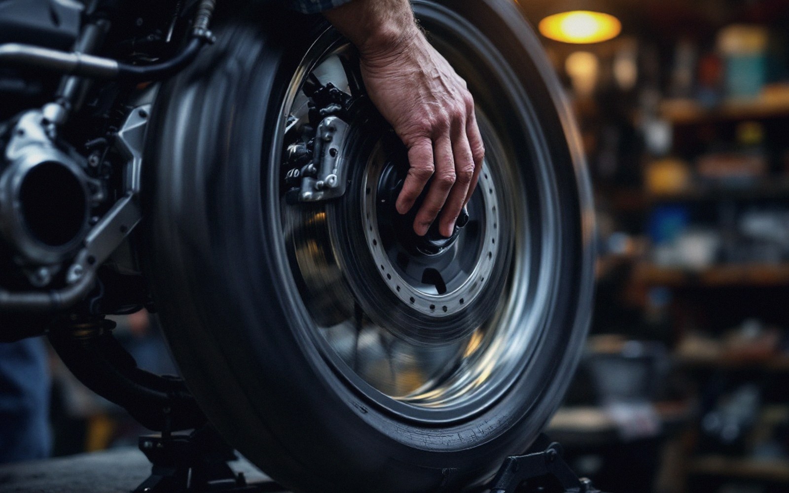 A hand rests on a spinning motorcycle wheel's hub in a workshop