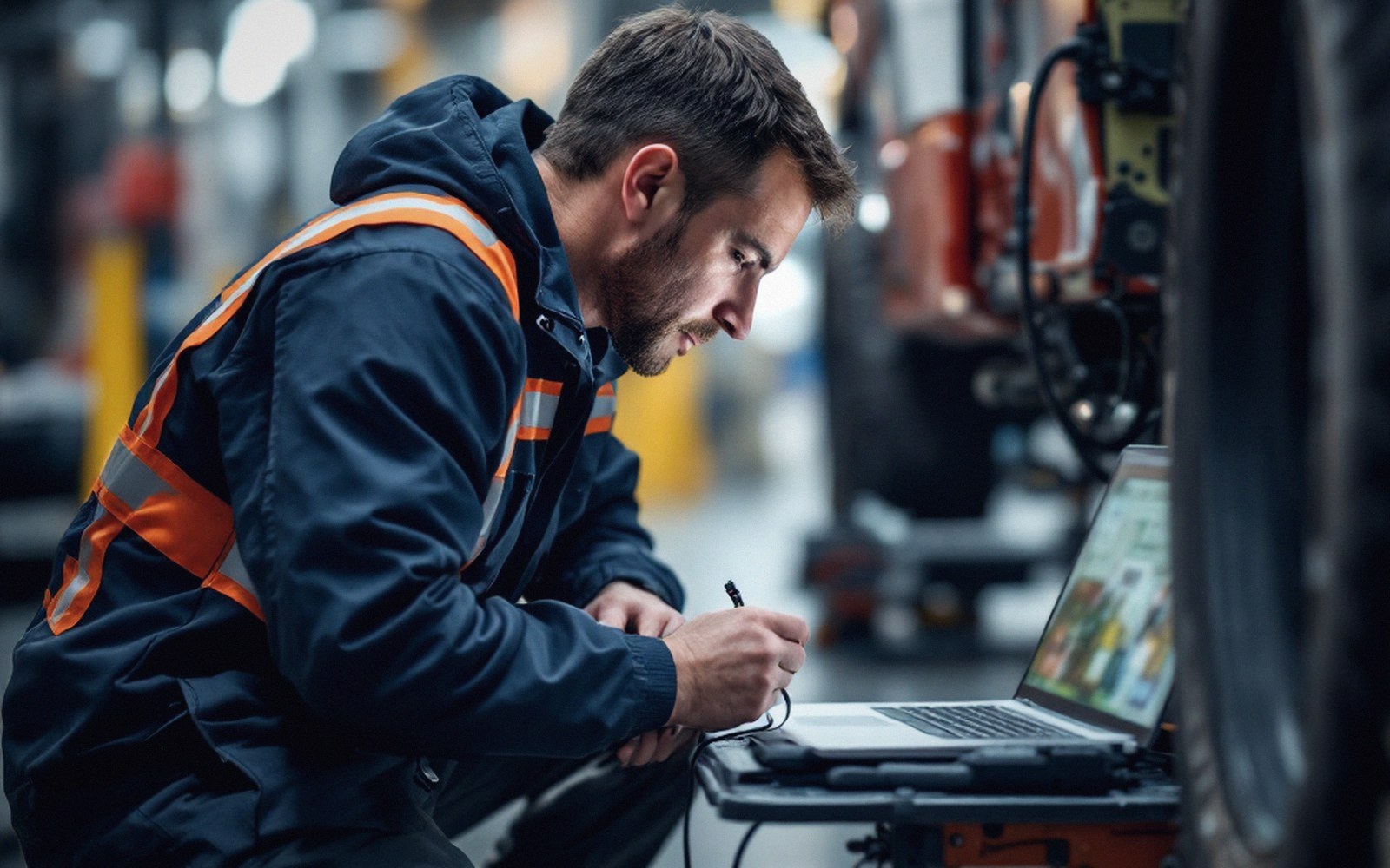 Mechanic in safety jacket reviews diagnostic data on a laptop in a workshop