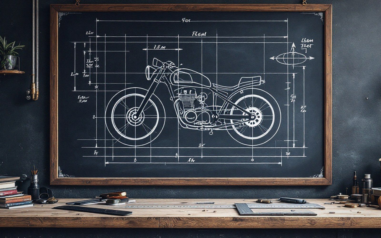 Framed chalkboard blueprint of a motorcycle with dimension lines hangs above a wooden workbench