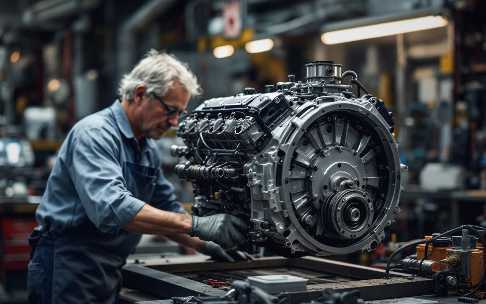 A mechanic in overalls examines a large engine and transmission assembly on a workshop table
