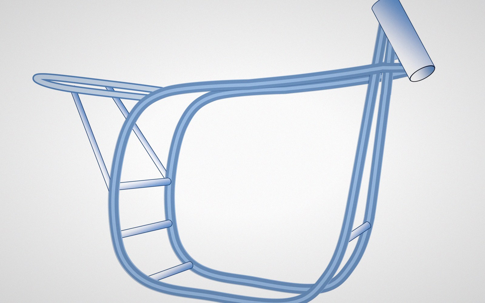 A blue 3d rendering of a motorcycle frame with an open-cradle tube design