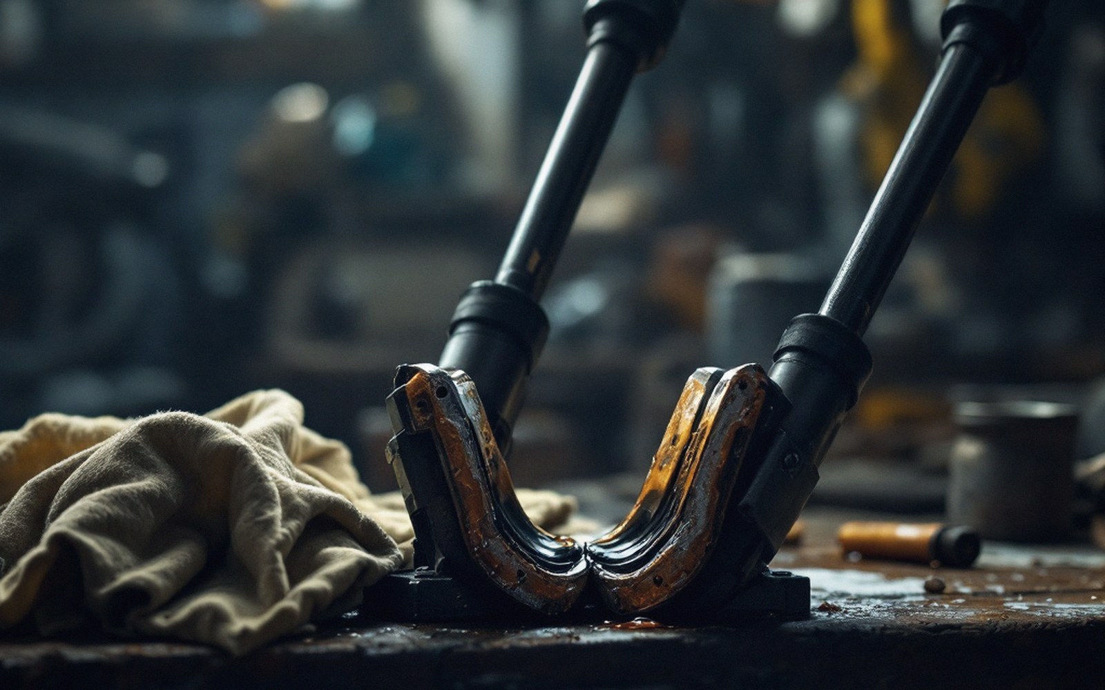 Close-up of a motorcycle telescopic fork with worn clamps resting on a workbench