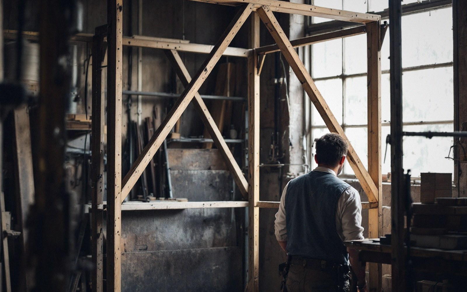 A man stands beside a wooden frame structure in a cluttered workshop