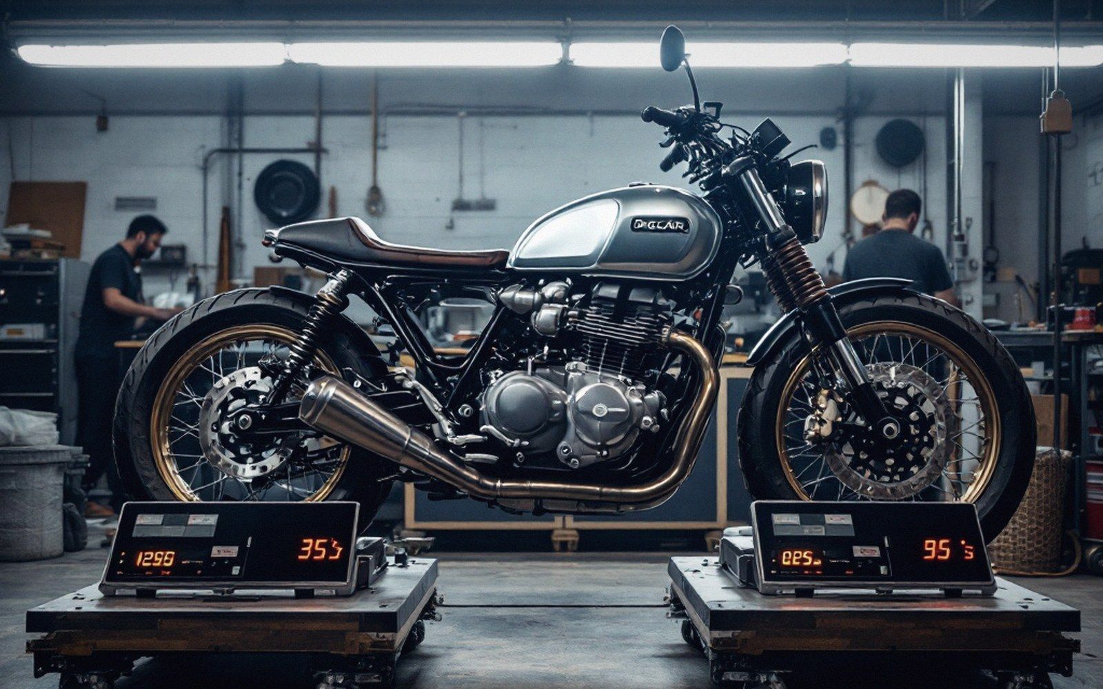 Cafe racer motorcycle displayed on twin scales in a workshop