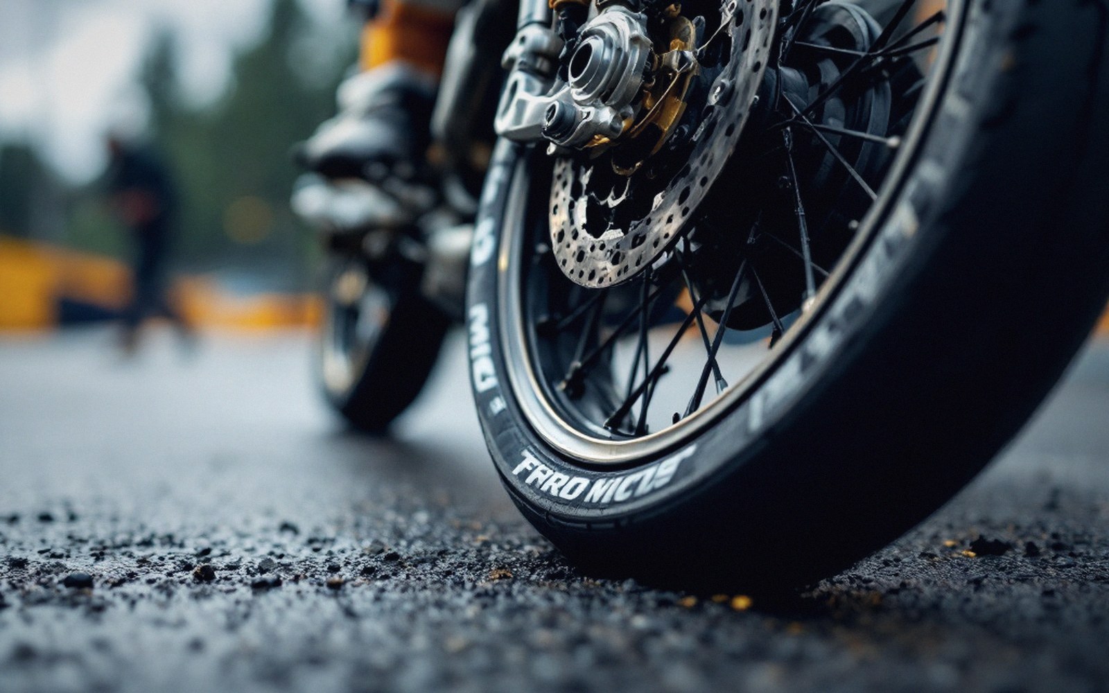 Close-up of a motorcycle's spoked front wheel and brake disc on wet pavement