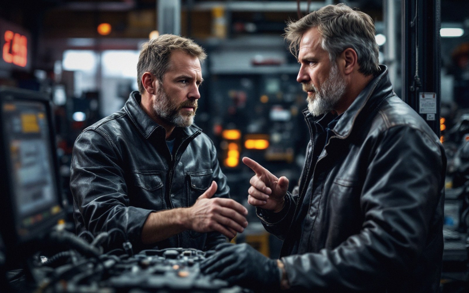 Two men in leather jackets discuss equipment while standing in a workshop or garage