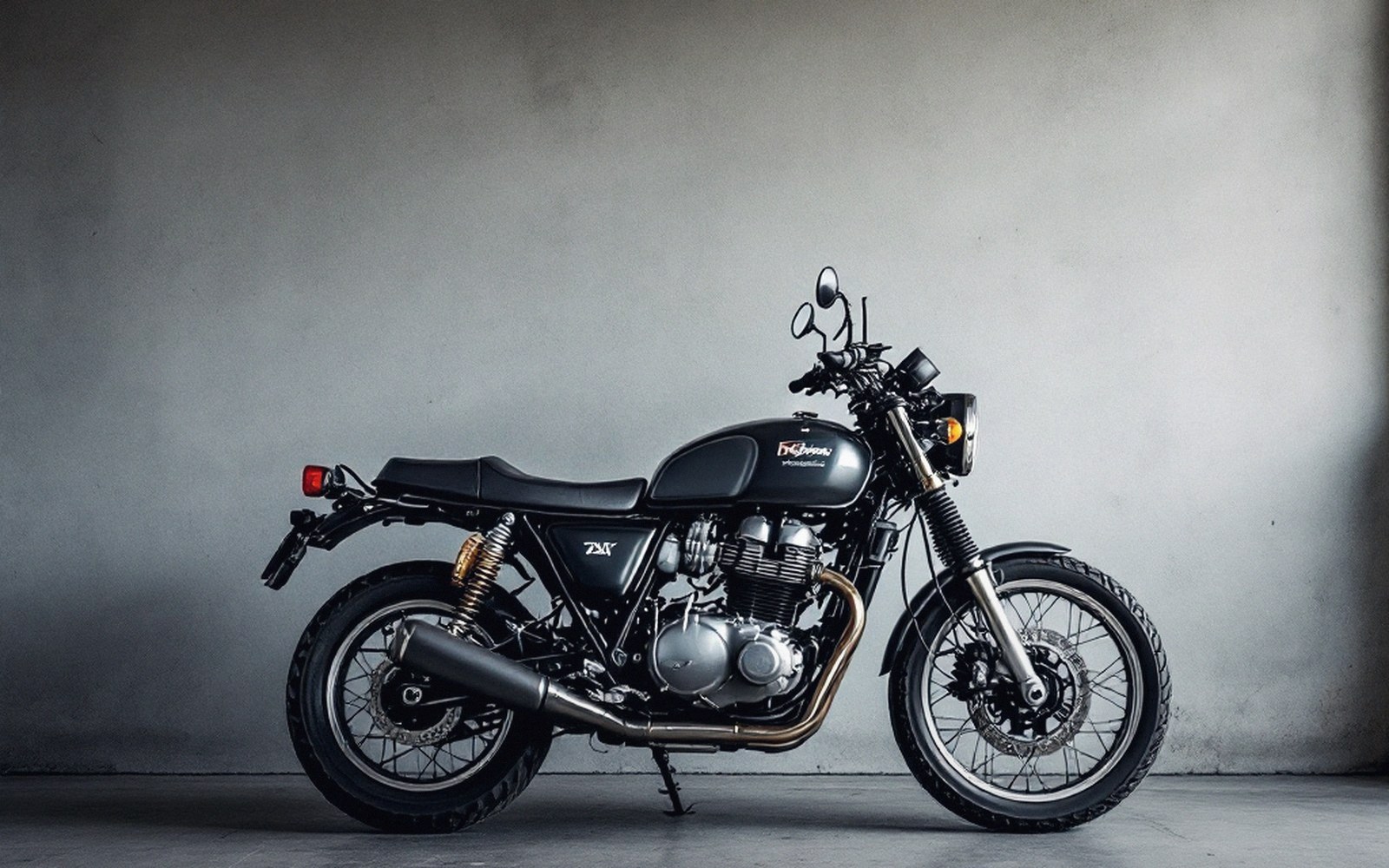 Black cafe racer motorcycle parked in profile against a plain grey wall