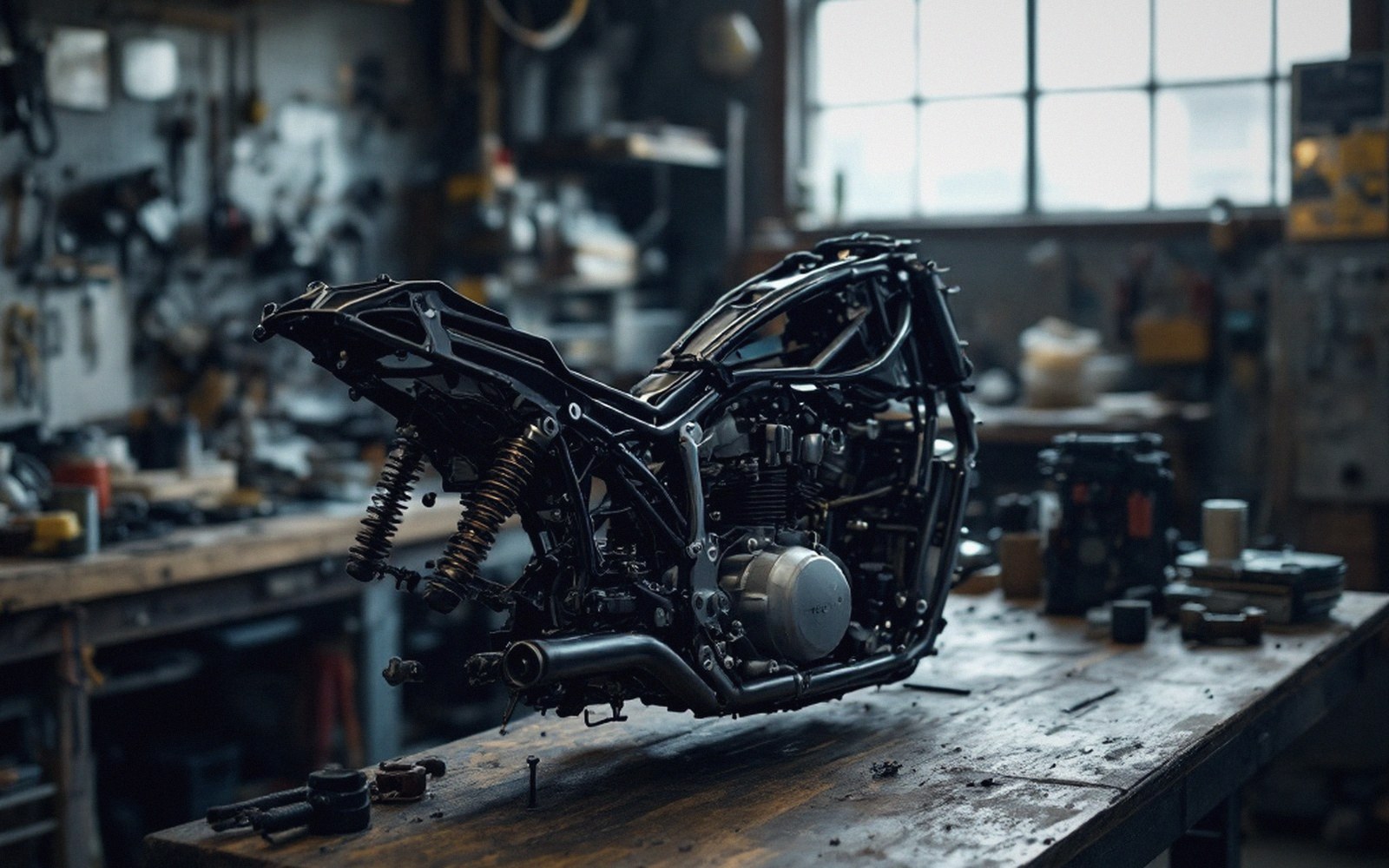 A bare motorcycle frame on a workshop bench, no bodywork, side on, cold north light